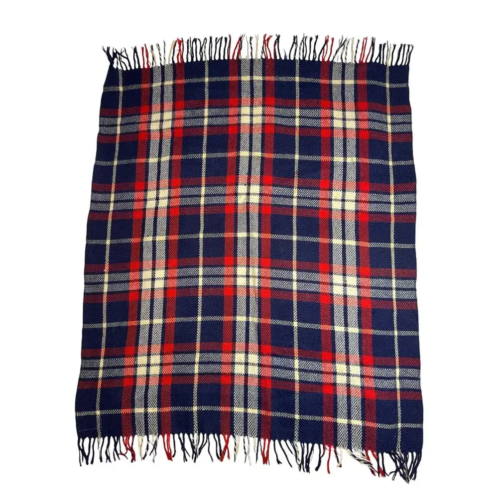 1960s CarlDyke Tartan Wool Stadium Blanket Red Navy Plaid Fringe 51x38
